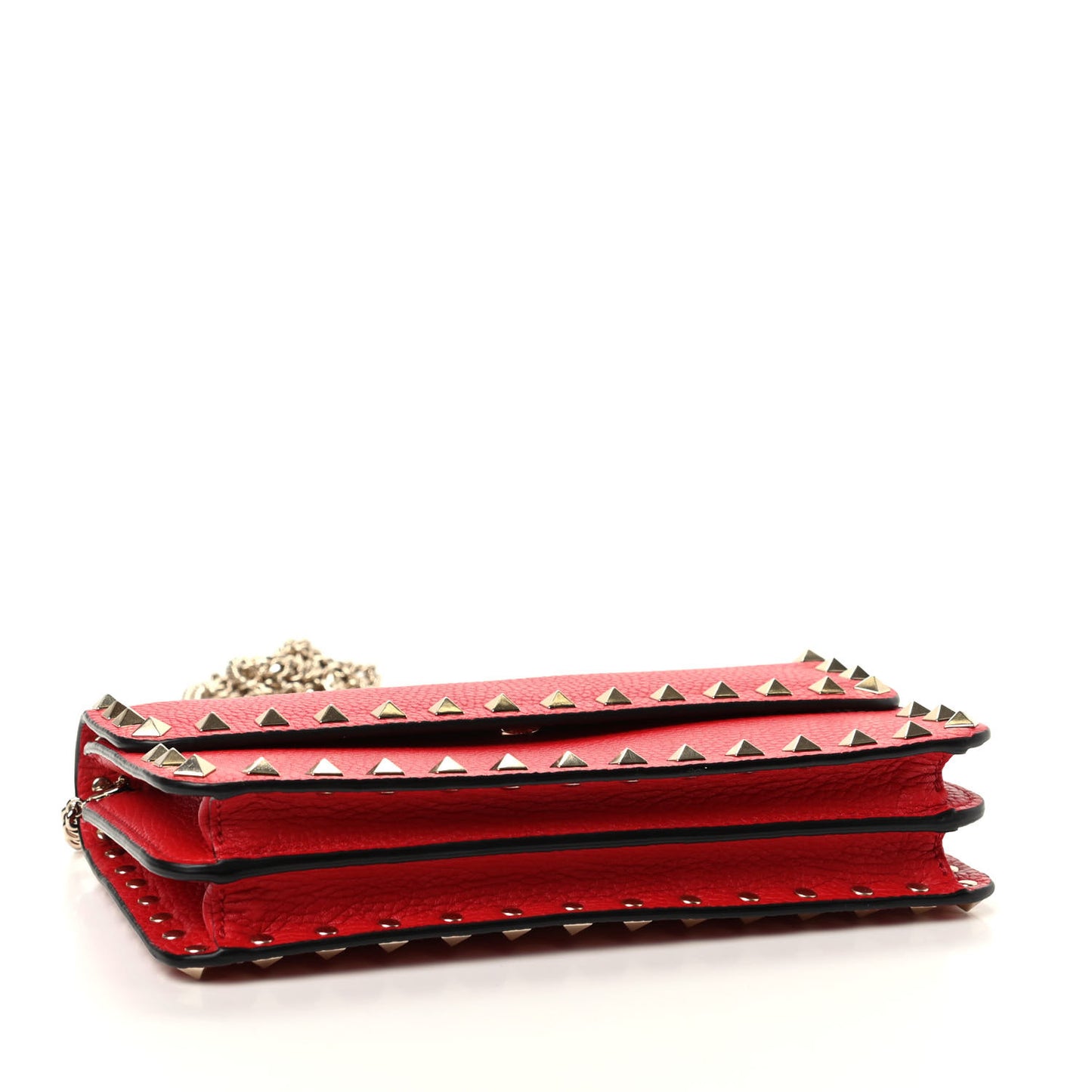 Pebbled Calfskin Rockstud Flap Wallet On Chain Rouge Pur