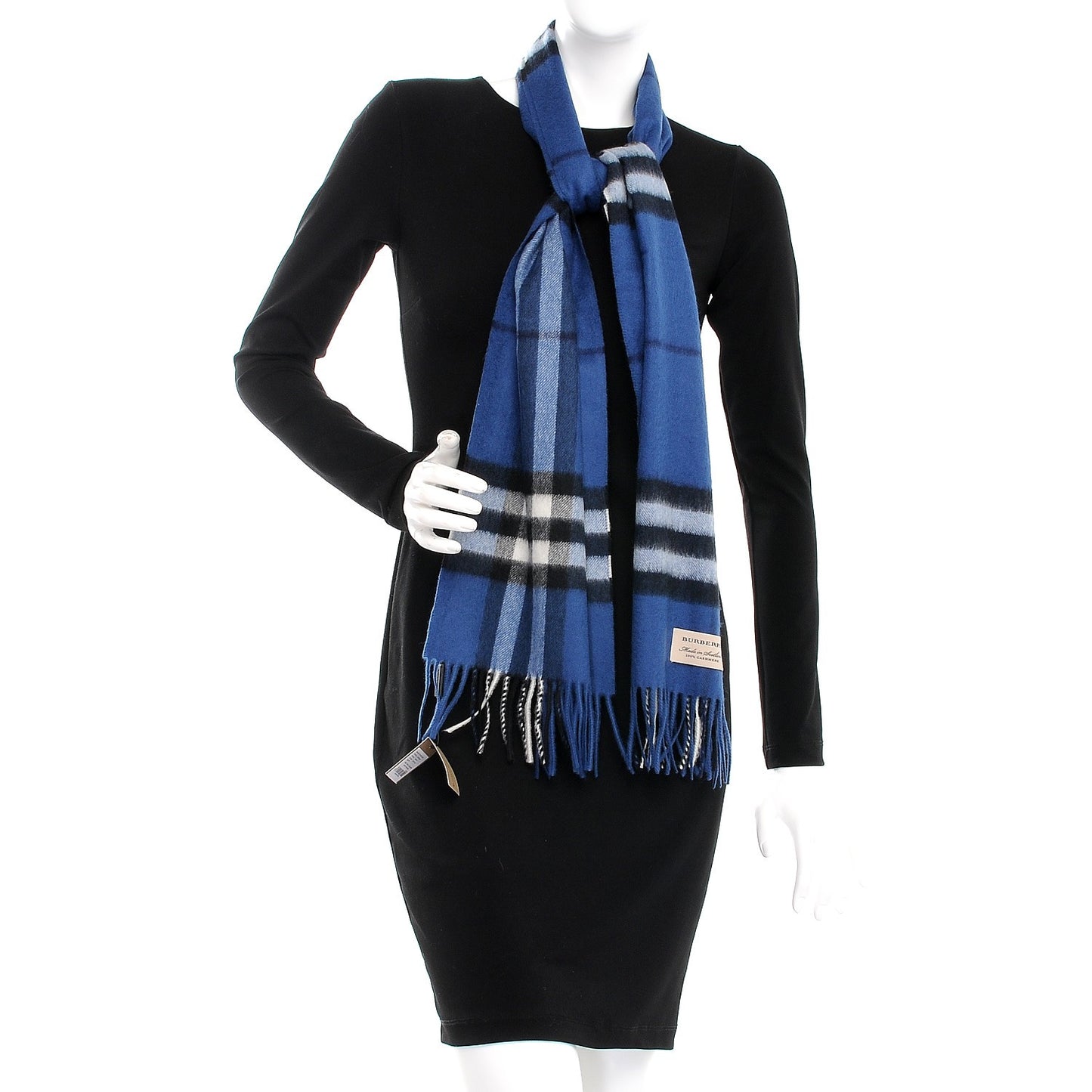 Cashmere Giant Check Fringe Scarf Cadet Blue