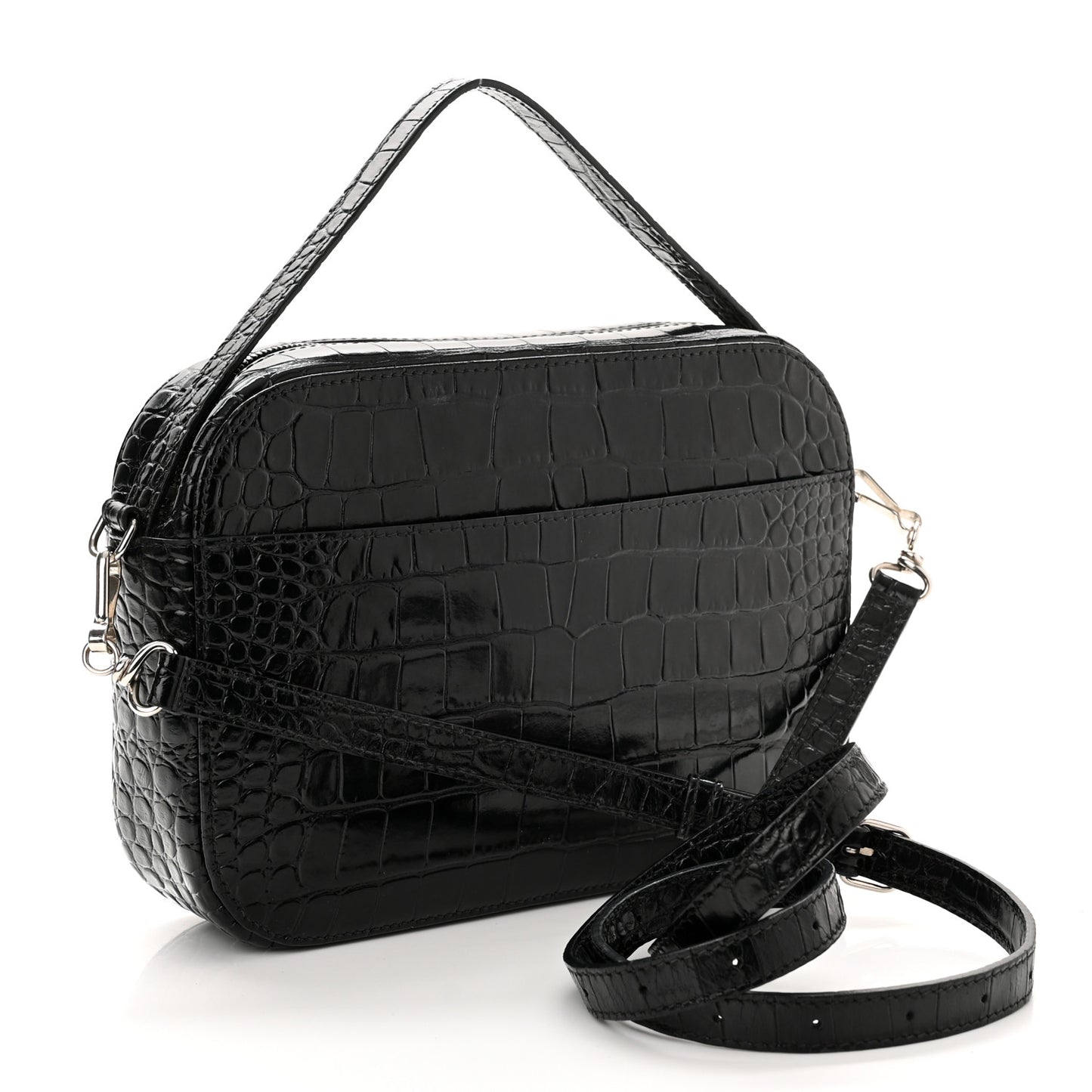 Shiny Calfskin Logo Crocodile Embossed S Everyday Camera Bag with Handle Black