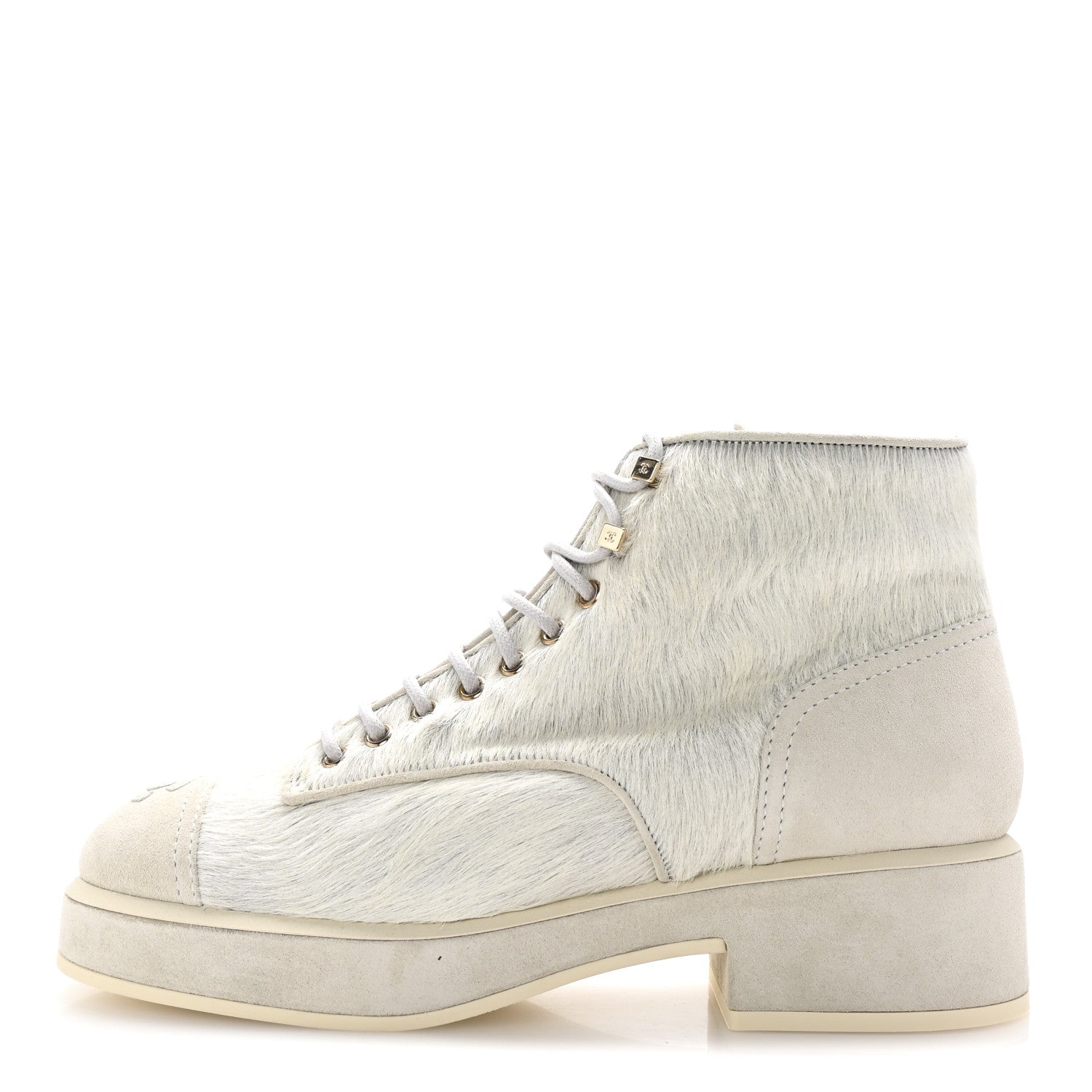 Chanel Suede Pony Hair Shearling Lace Up Combat Boots 40 White Black 1 of 10
