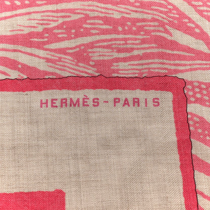 Hermes Cashmere Silk Cavalier En Formes Shawl 140 Naturel Rose Bonbon Bleu 2 of 5