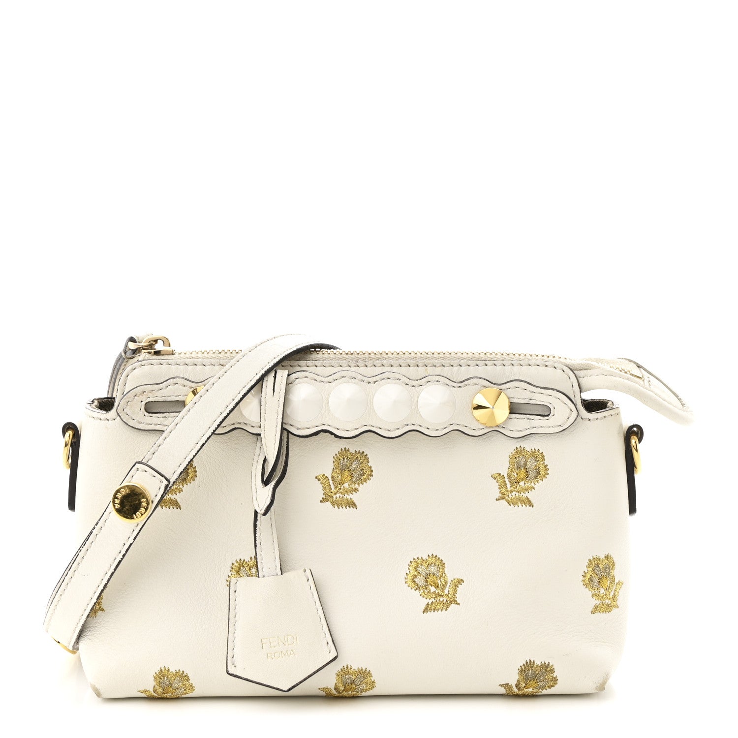 Fendi Vitello Dolce Lurex Floral Embroidered Studded Mini By The Way Boston Bag White 1 of 10