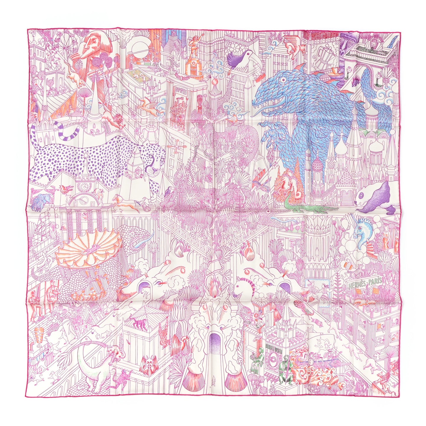 Silk Animapolis Scarf 90 White Fuchsia Multicolor