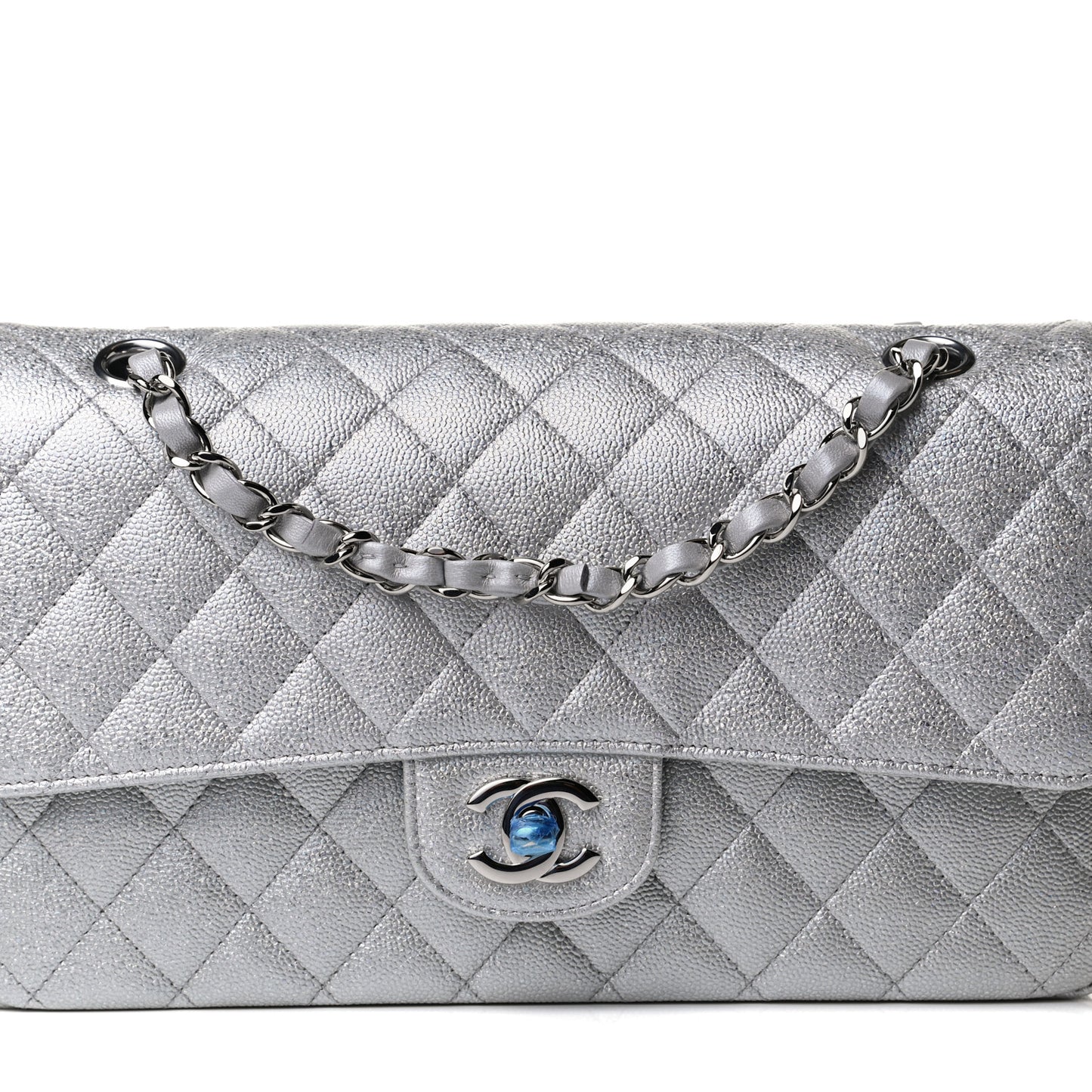 Glittered Metallic Caviar Quilted Medium Double Flap Silver