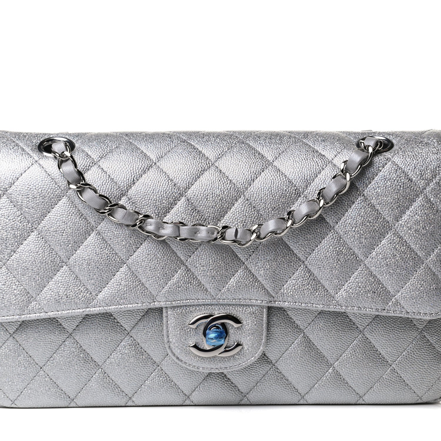 Chanel Glittered Metallic Caviar Quilted Medium Double Flap Silver 9 of 13