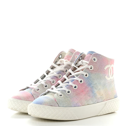 Chanel Printed Fabric Quilted High Top Sneakers 35 Green Pink Blue White 3 of 9