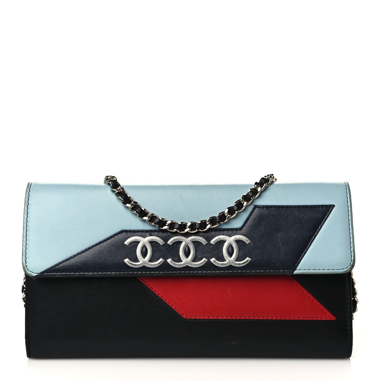 Chanel Lambskin Airlines Wallet On Chain WOC Blue Black Red 1 of 15