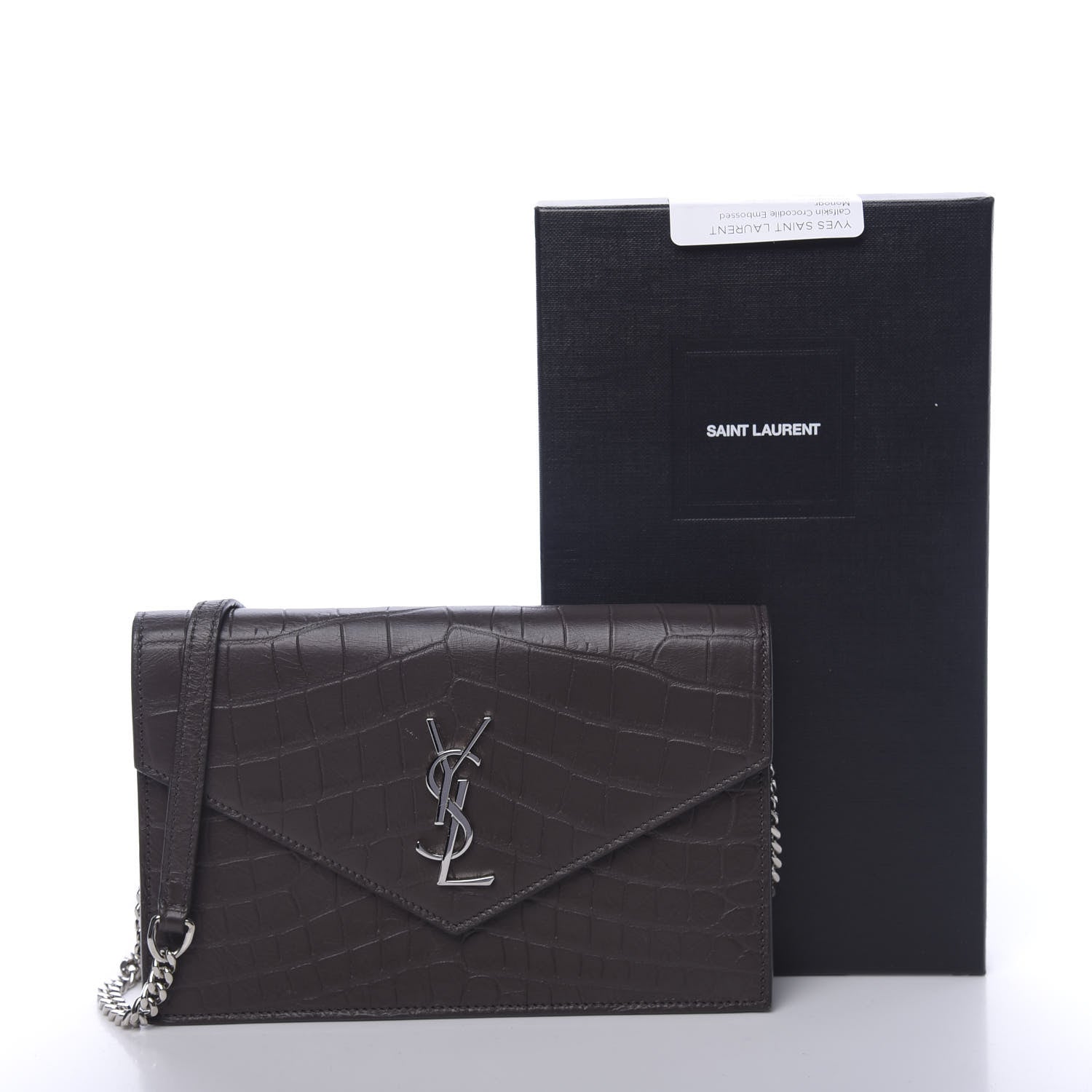 Saint Laurent Calfskin Crocodile Embossed Monogram Chain Wallet Dark Anthracite 11 of 11