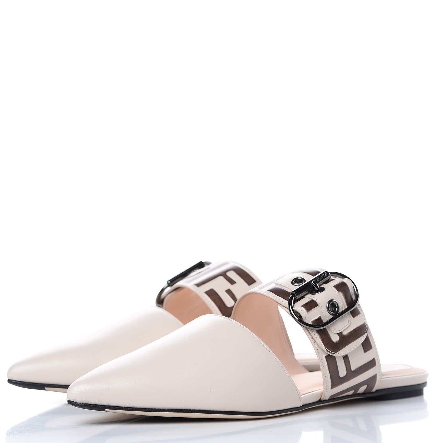 Fendi Vitello FF Embossed Buckle Flat Mules 37 Camelia Moresco 3 of 9