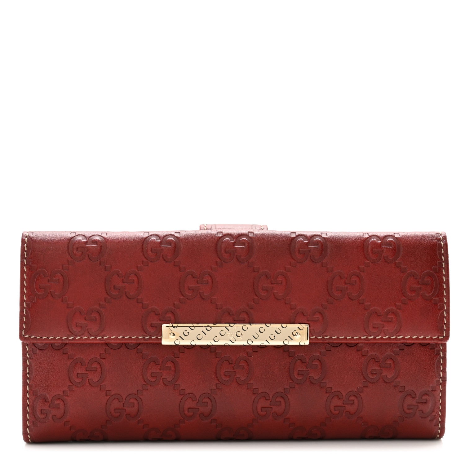 Gucci Guccissima Margaux Calfskin Metal Bar Continental Flap Wallet Dark Red 1 of 15