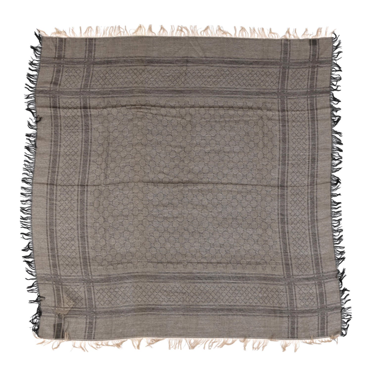 Gucci Wool Silk GG Monogram Diamante Plaid Surviee Shawl Beige Dark Brown 1 of 4