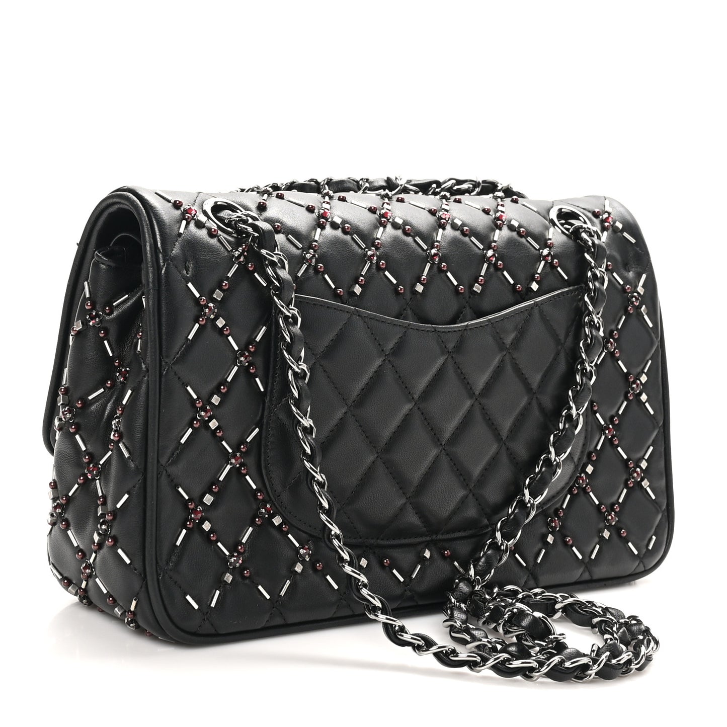 Lambskin Quilted Beaded Medium Double Flap Black