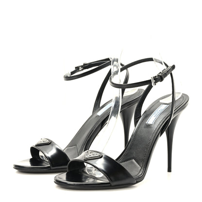 Prada Spazzolato Metal Triangle Logo Ankle Strap 100mm Sandals 39 Black 3 of 8