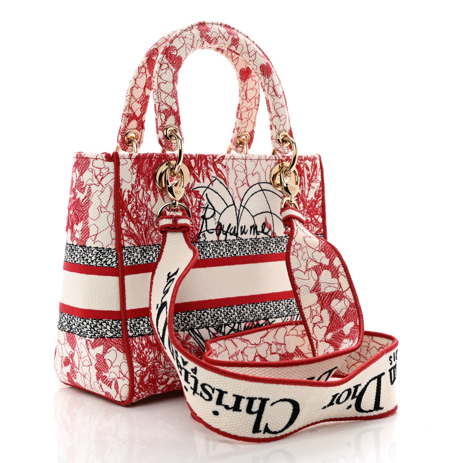 Christian Dior Canvas Embroidered Medium Dioramour D-Royaume Lady D-Lite Red Multicolor 3 of 9