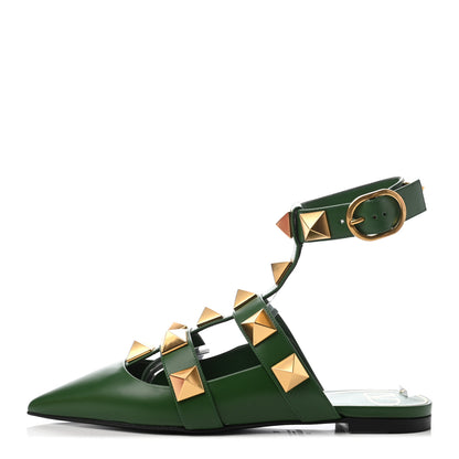 Valentino Garavani Calfskin Roman Stud Ankle Strap Flat Mules 36 Fern 1 of 8