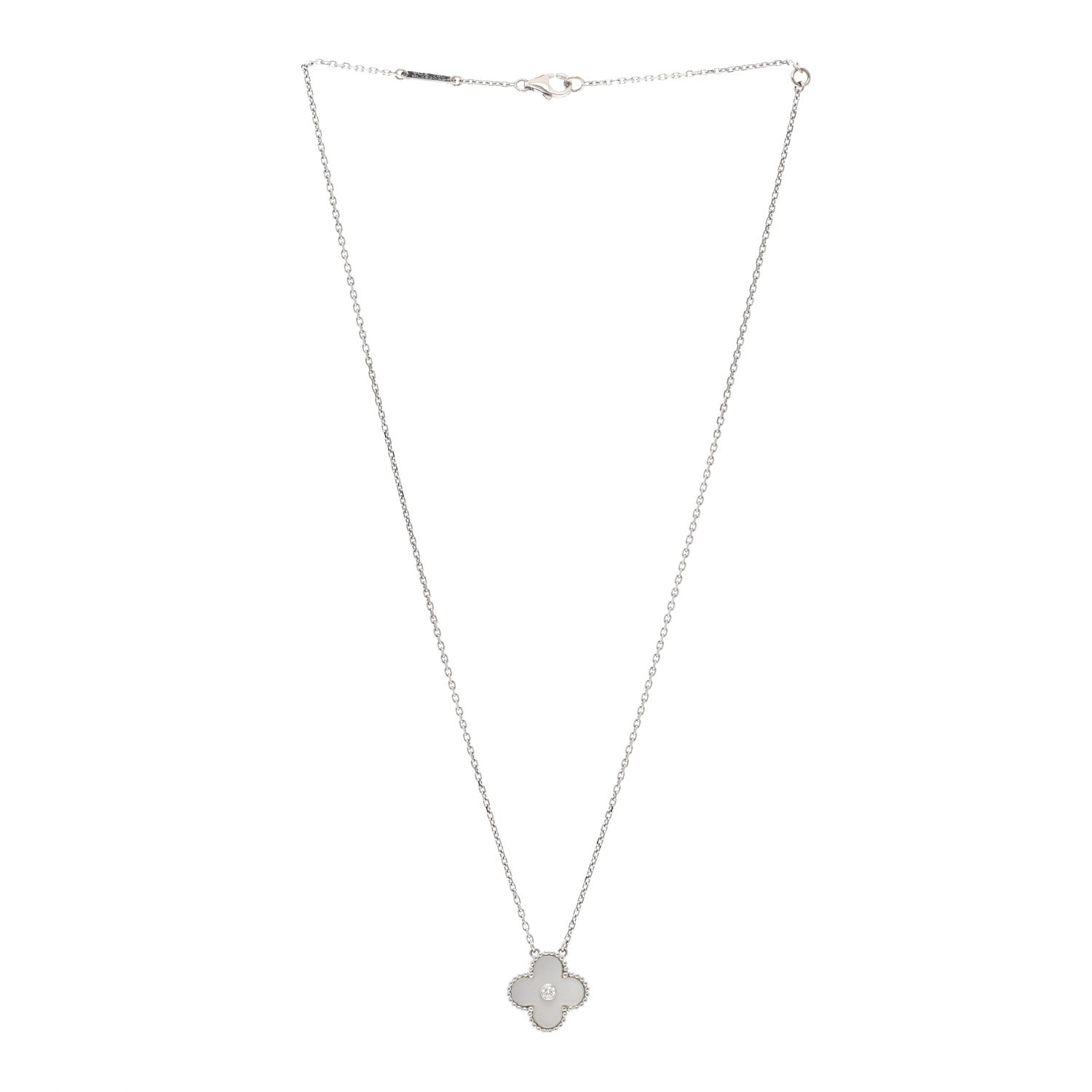 Van Cleef & Arpels 18K White Gold Diamond Mother of Pearl Vintage Alhambra Pendant Necklace 3 of 4
