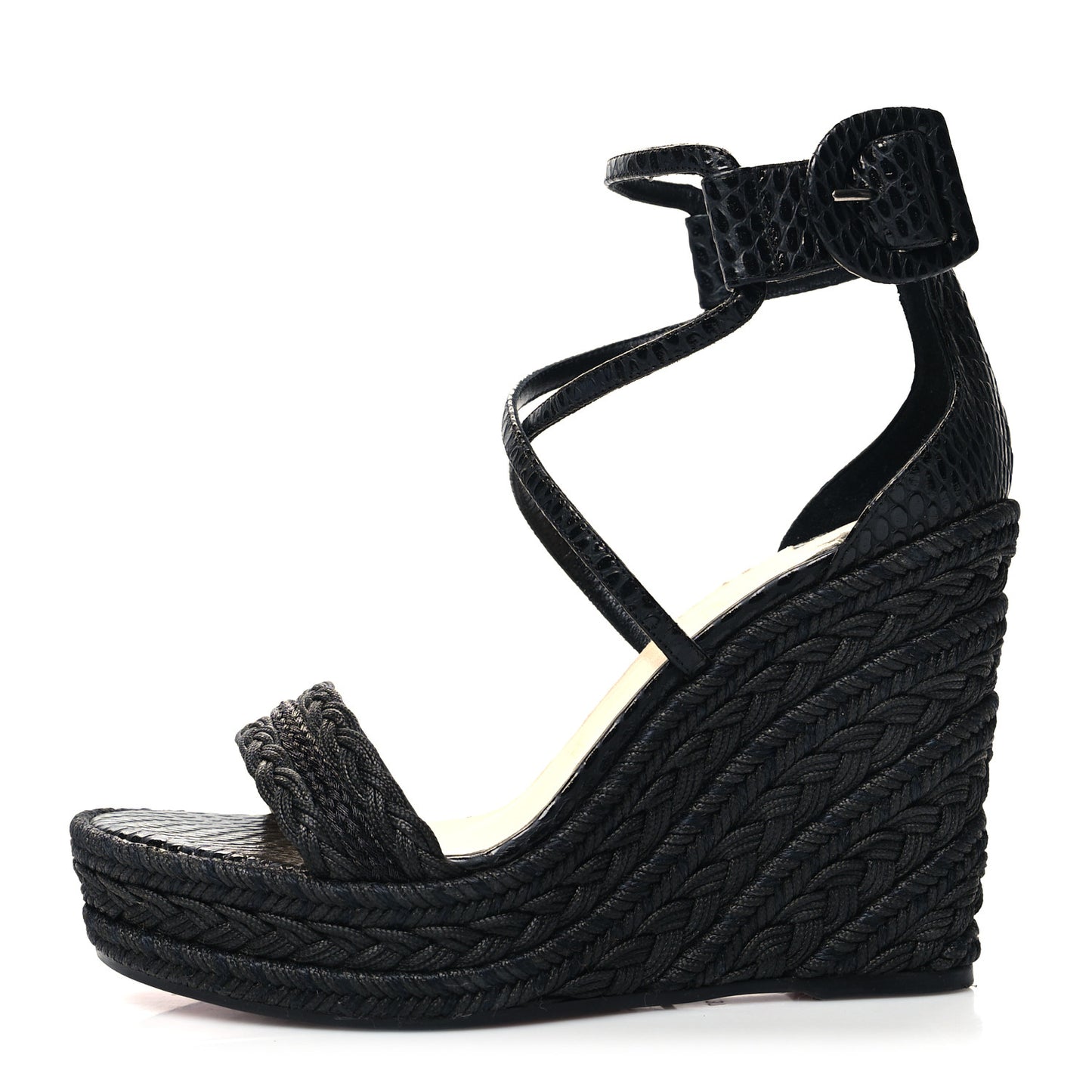 Cotton Braided Calfskin Bodrum 110 Wedge Sandals 37 Black