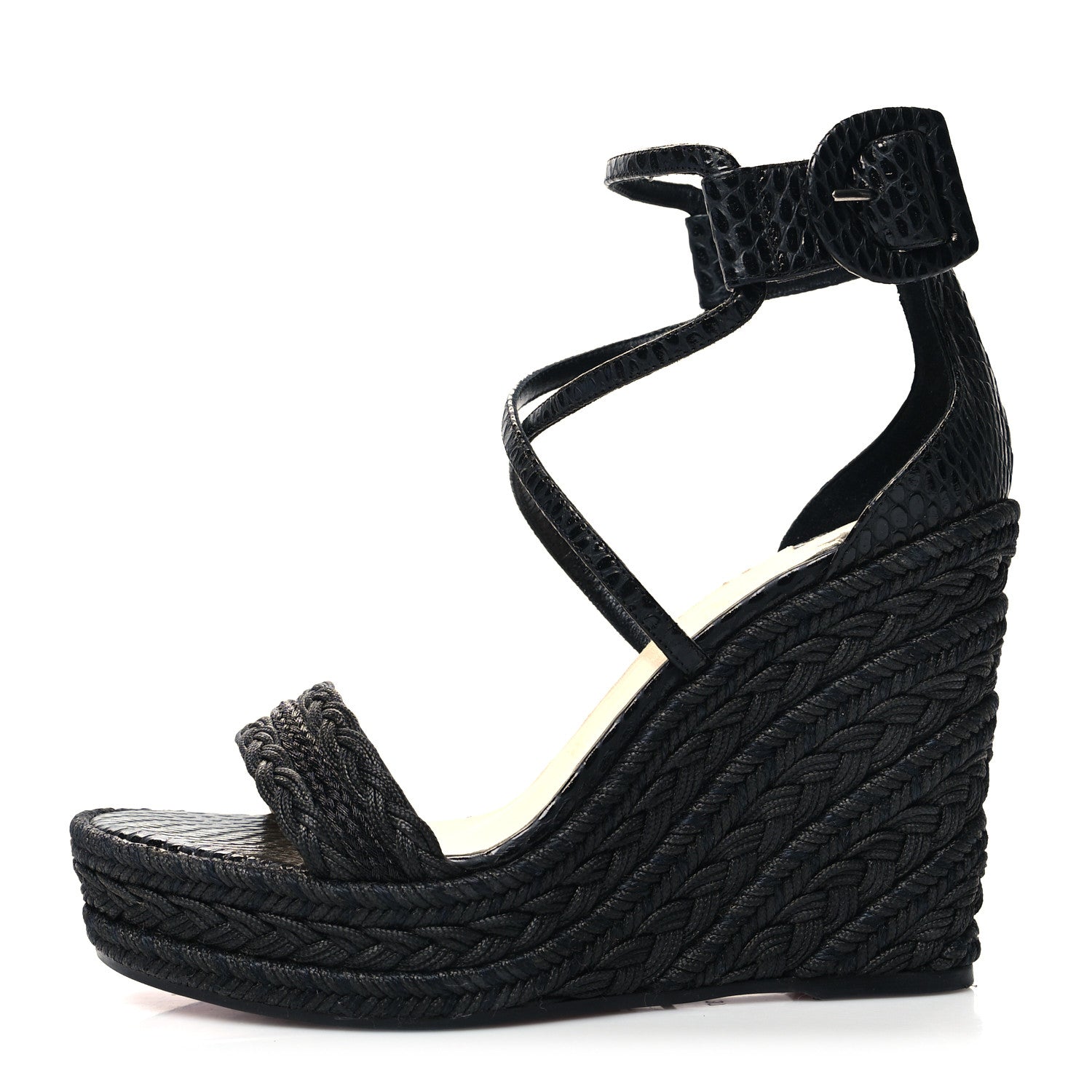 Christian Louboutin Cotton Braided Calfskin Bodrum 110 Wedge Sandals 37 Black 1 of 8