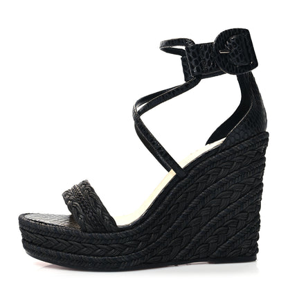 Christian Louboutin Cotton Braided Calfskin Bodrum 110 Wedge Sandals 37 Black 1 of 8