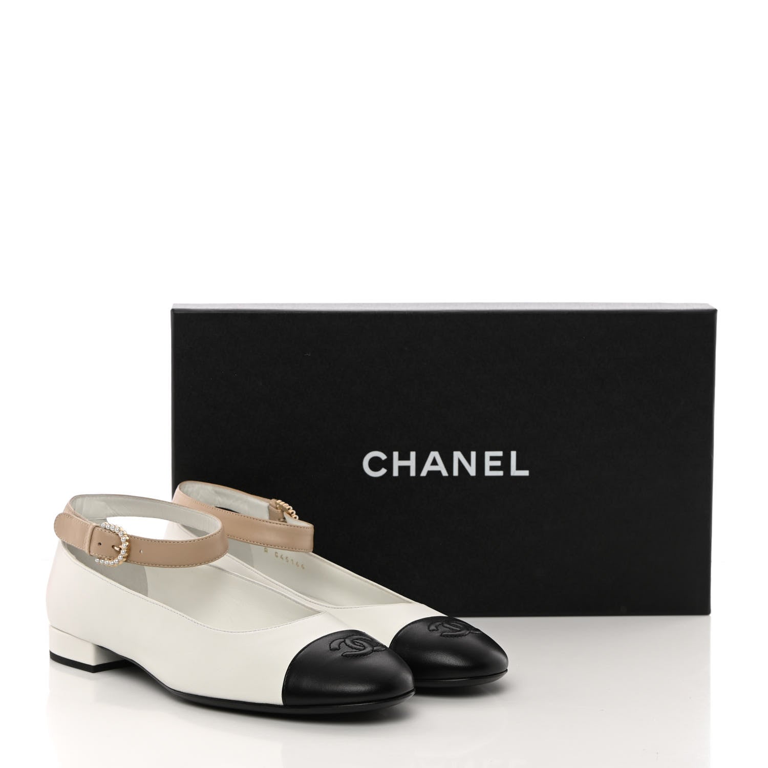 Chanel Lambskin Pearl Cap Toe CC Ankle Strap Flats 38 White Black Beige 9 of 9