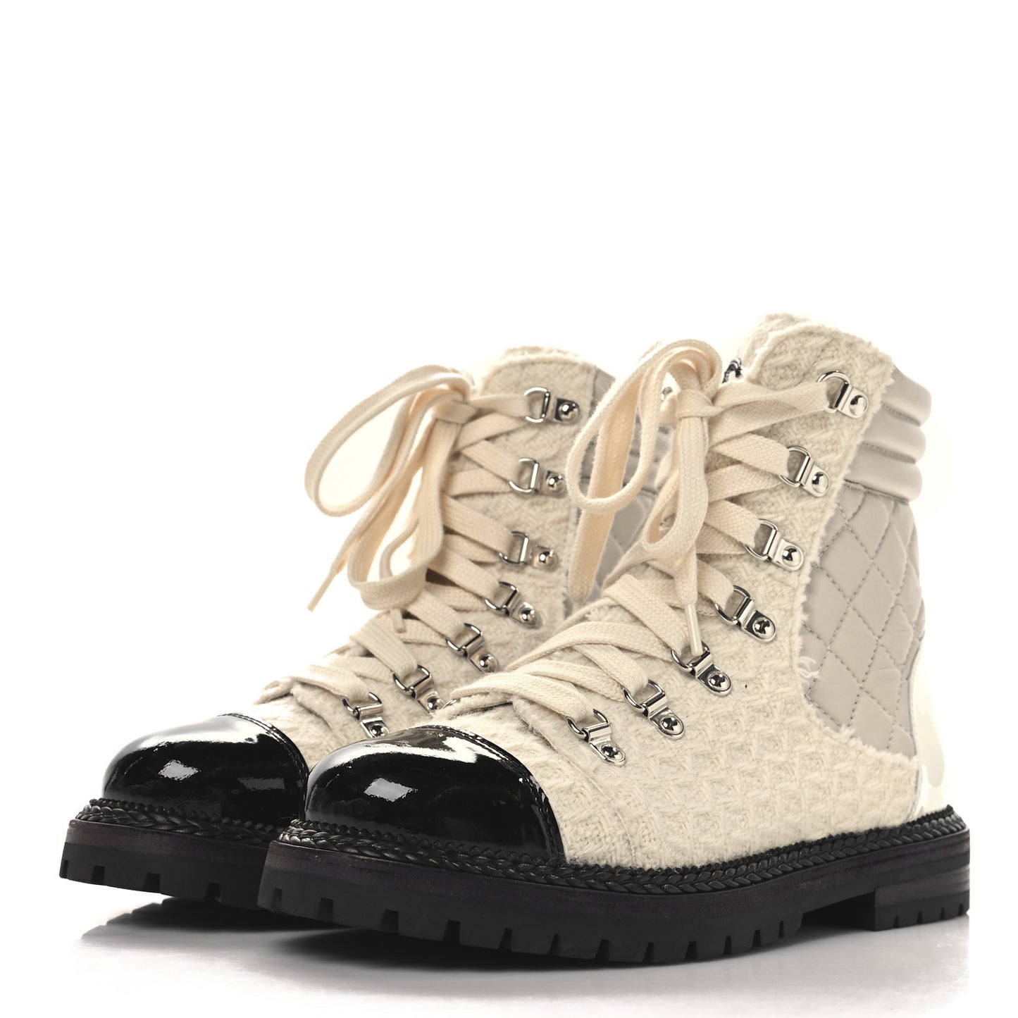 Tweed Patent Cap Toe Lace Up Short Boots 38.5 White