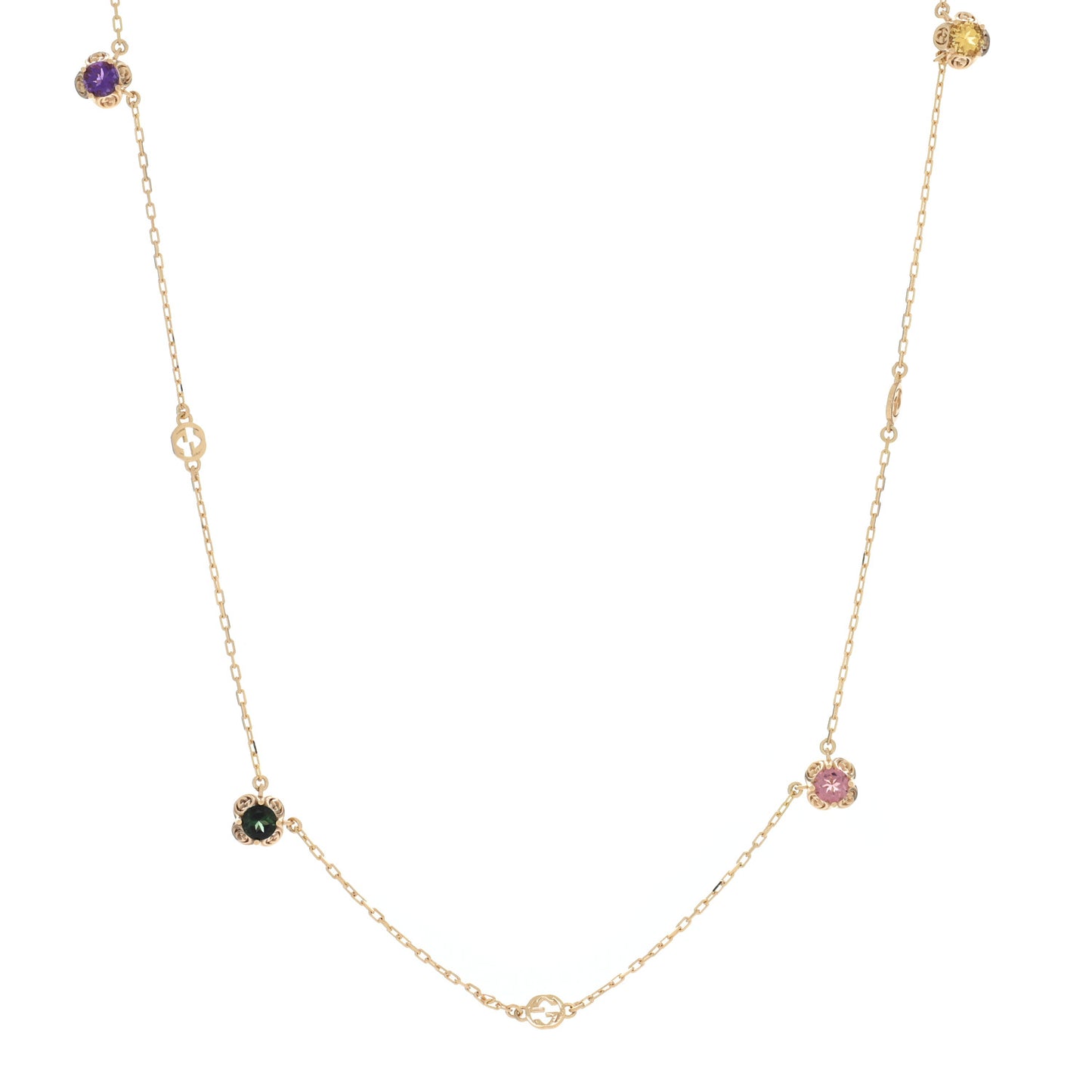 18K Yellow Gold Green Beryl Amethyst Pink Tourmaline Citrine GG Station Rainbow Gemstone Necklace