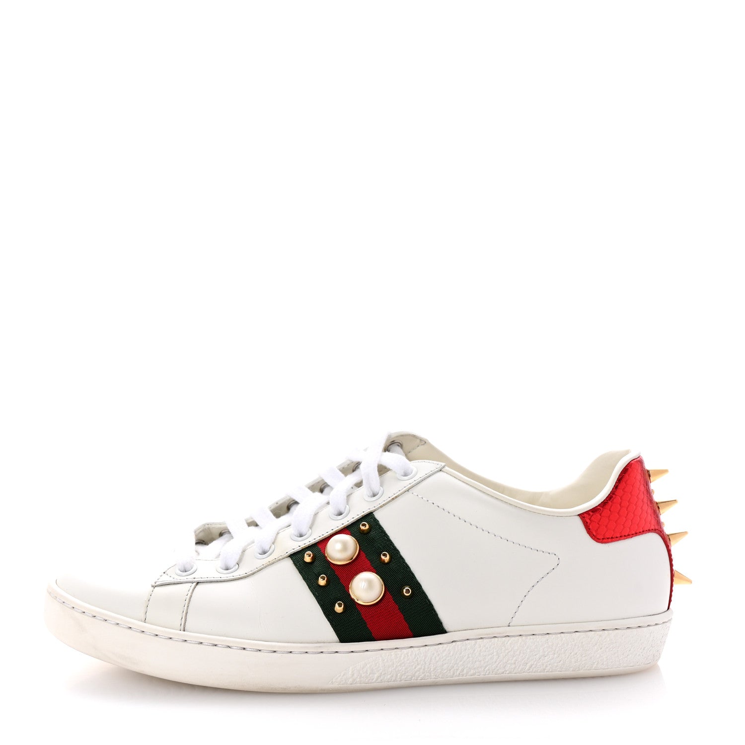 Gucci Calfskin Web Pearl Studded Womens Ace Sneakers 39.5 White 1 of 9