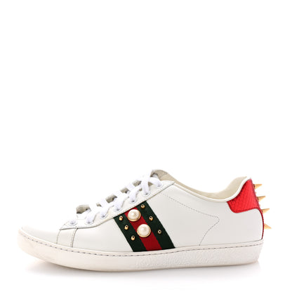 Gucci Calfskin Web Pearl Studded Womens Ace Sneakers 39.5 White 1 of 9