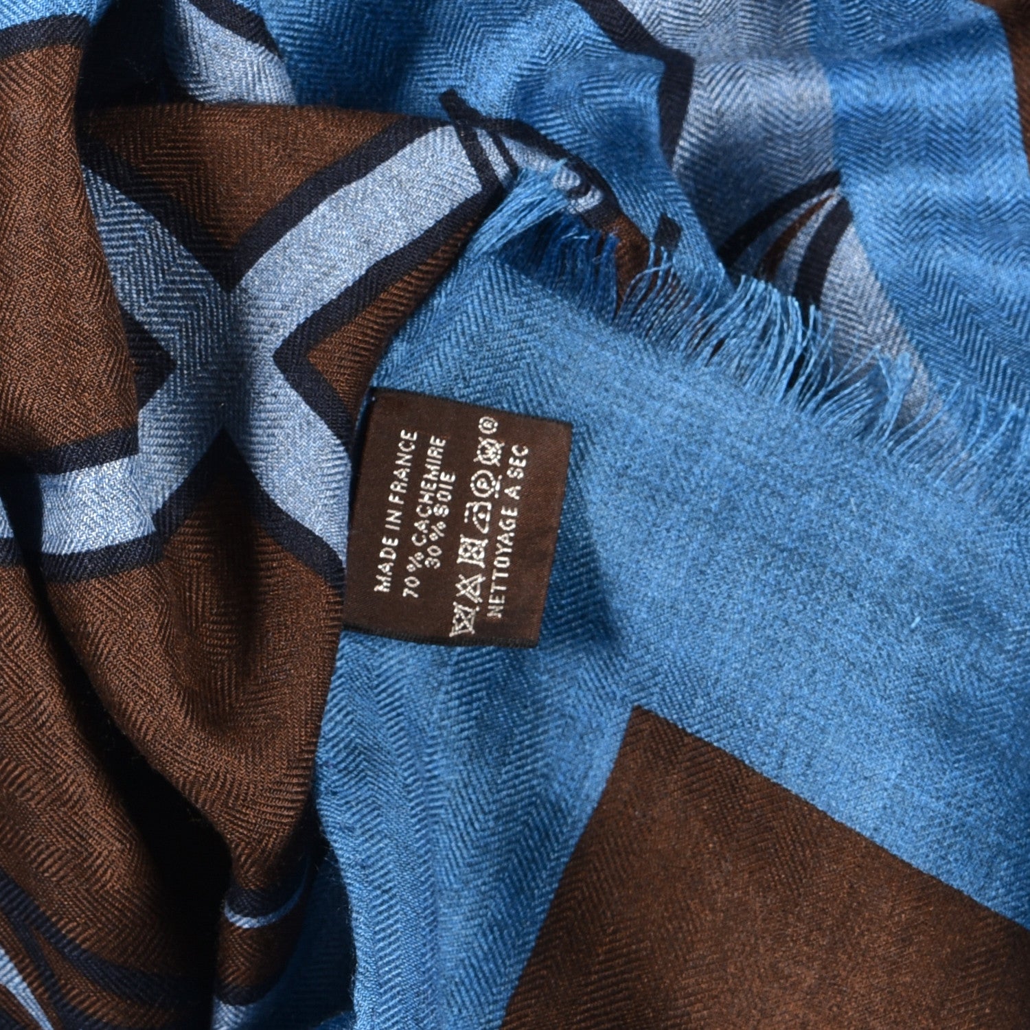 Hermes Cashmere Silk H Quadrige II Stole Bleu Chine Marron 4 of 5