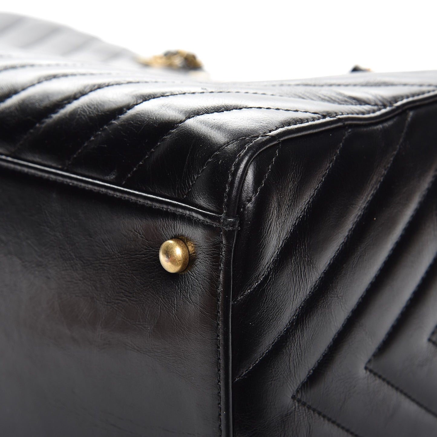 Glazed Calfskin Chevron Quilted Shopper Tote Black