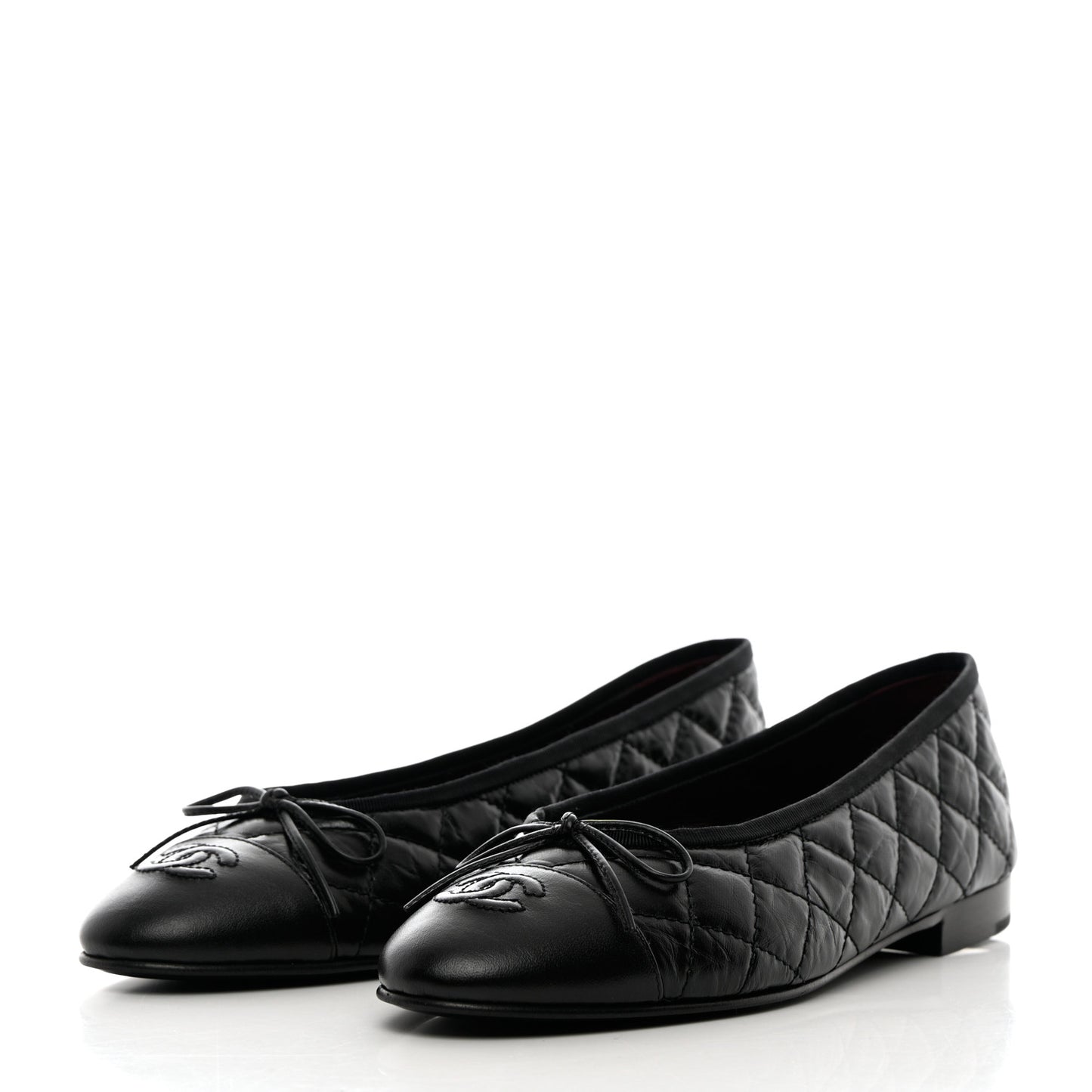 Aged Calfskin Quilted CC Cap Toe Ballerina Flats 37.5 Black