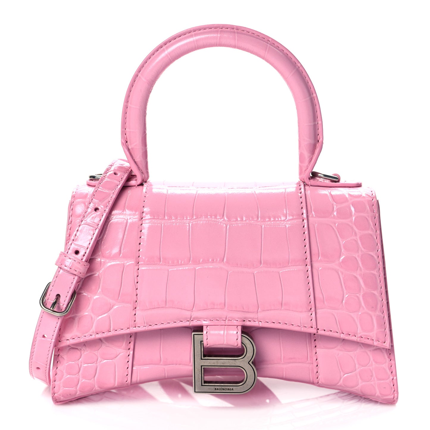 Shiny Calfskin Crocodile Embossed Hourglass Top Handle Bag XS Candy Pink