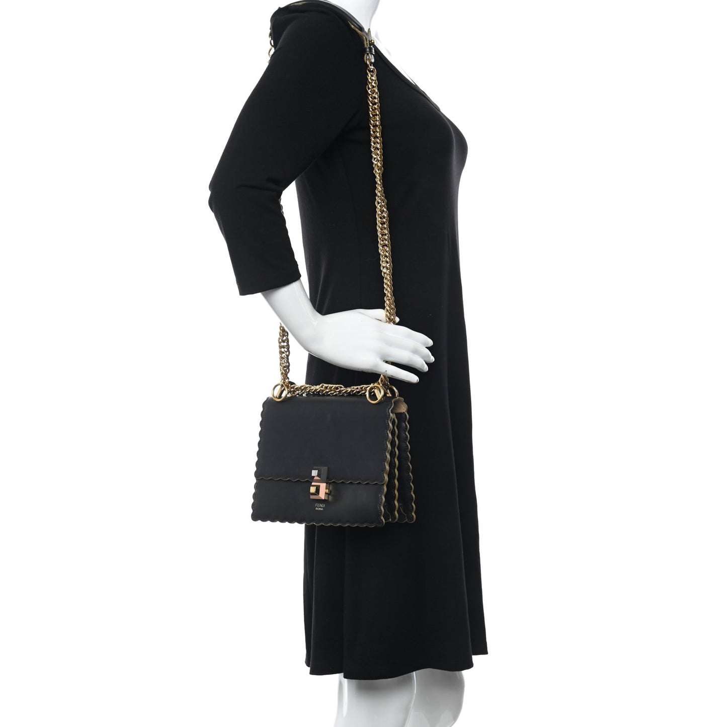 Vitello Liberty Scalloped Studded Small Kan I Shoulder Bag Black