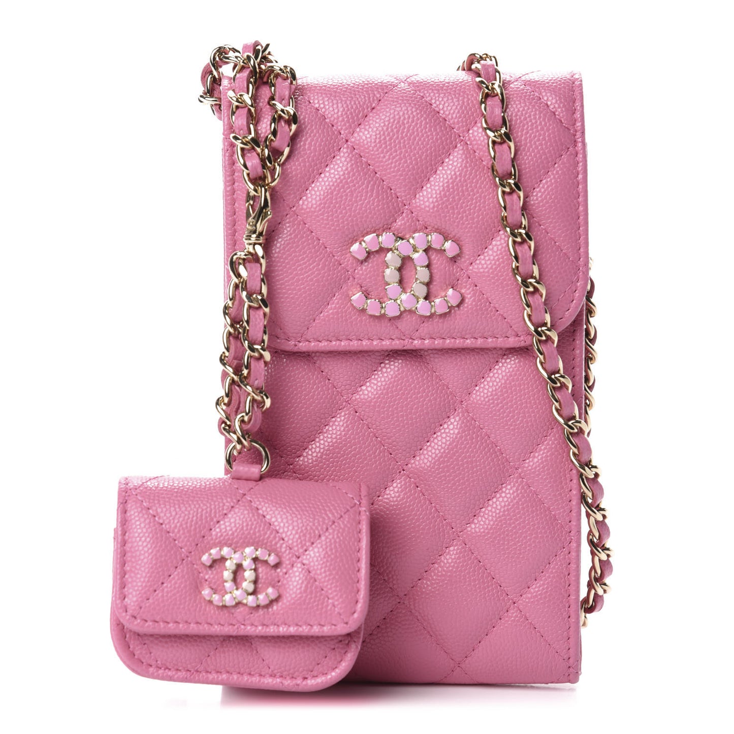 Caviar Quilted Crystal CC Airpods Pro and Phone Case With Chain Pink