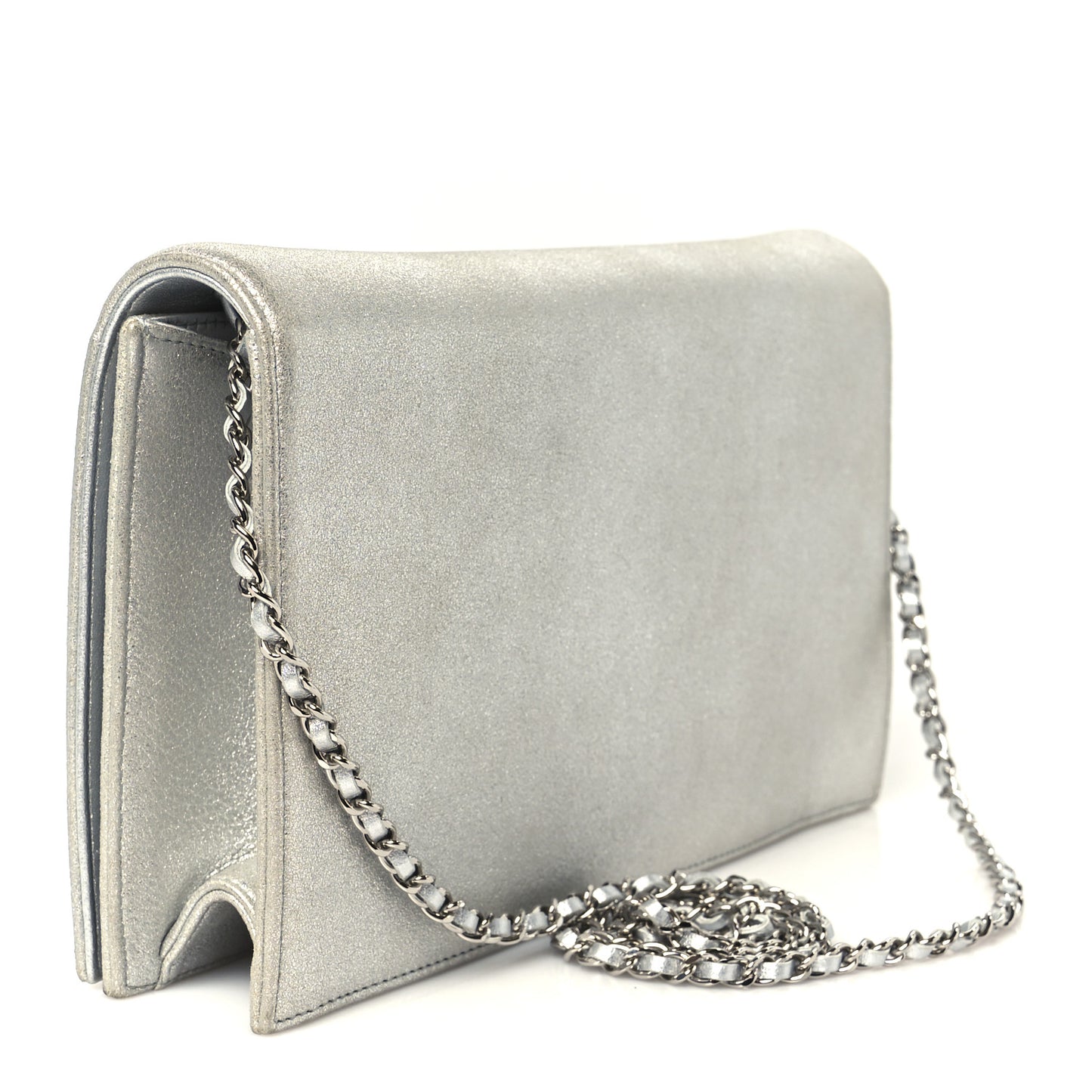 Metallic Goatskin Strass CC Clutch With Chain Silver