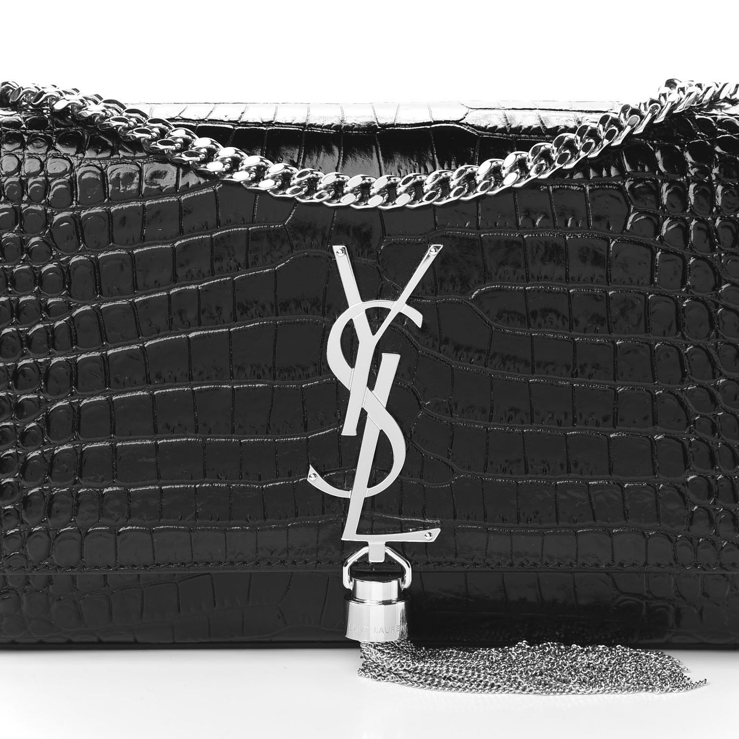 Calfskin Crocodile Embossed Small Classic Monogram Kate Tassel Satchel Black