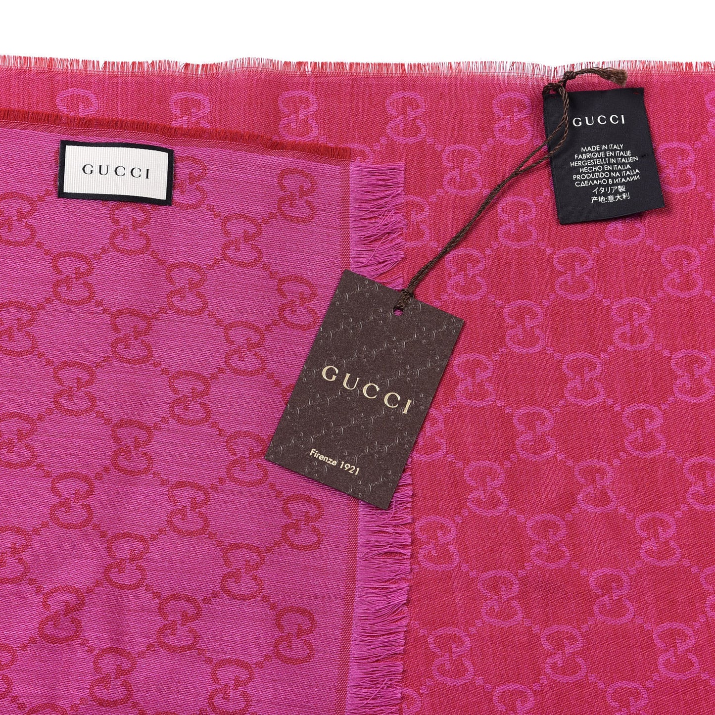 Wool Silk Monogram Fringe Scarf Fuchsia