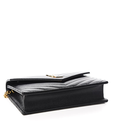 Saint Laurent Grain De Poudre Matelasse Chevron Monogram Envelope Chain Wallet Black 3 of 10