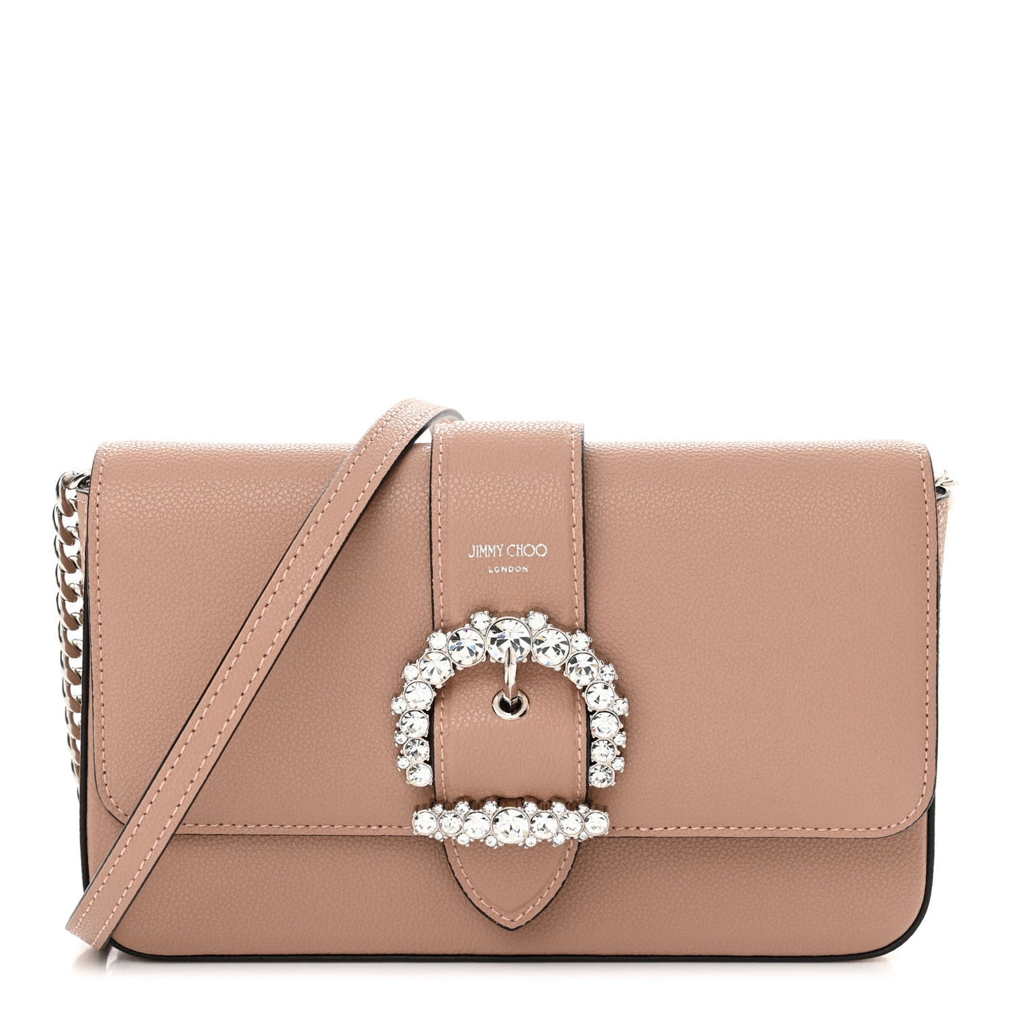 Grainy Calfskin Crystal Cheri Wallet On Chain Bag Powder Pink