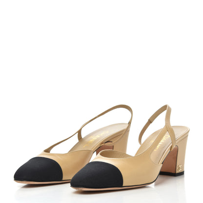 Chanel Lambskin Grosgrain Cap Toe CC Slingback Pumps 39 Beige Black 3 of 13