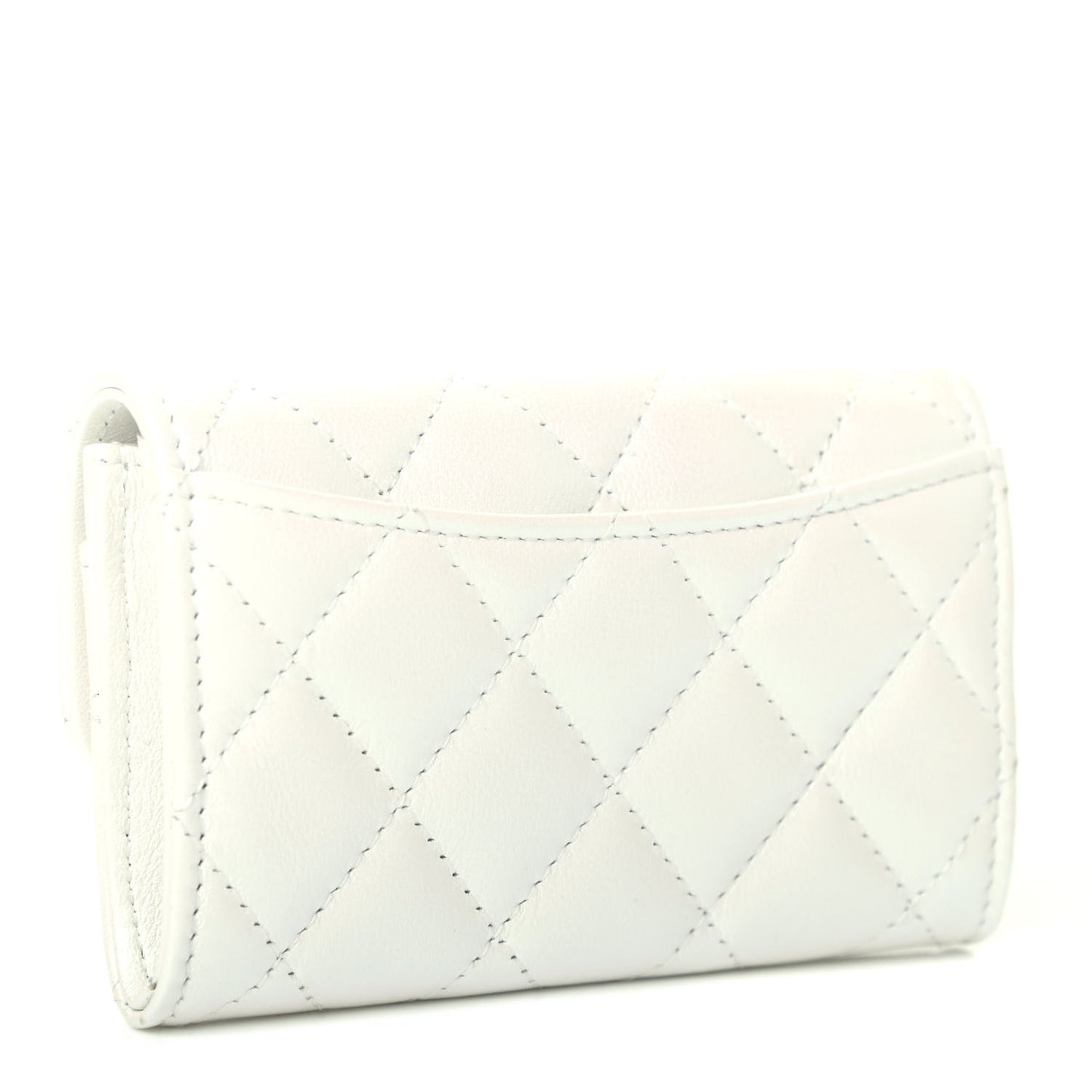 Iridescent Lambskin Quilted Flap Card Holder Wallet Ivory