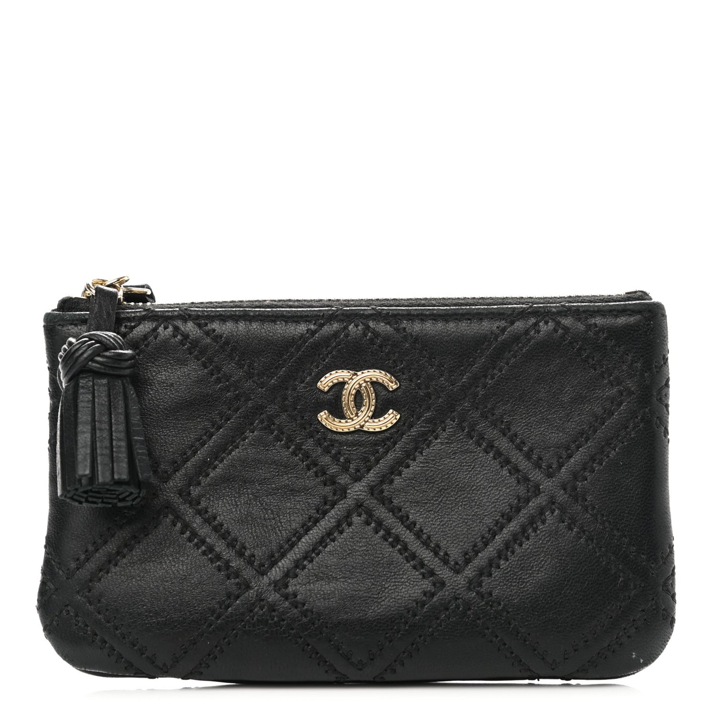 Lambskin Stitched Small Cosmetic Case Black