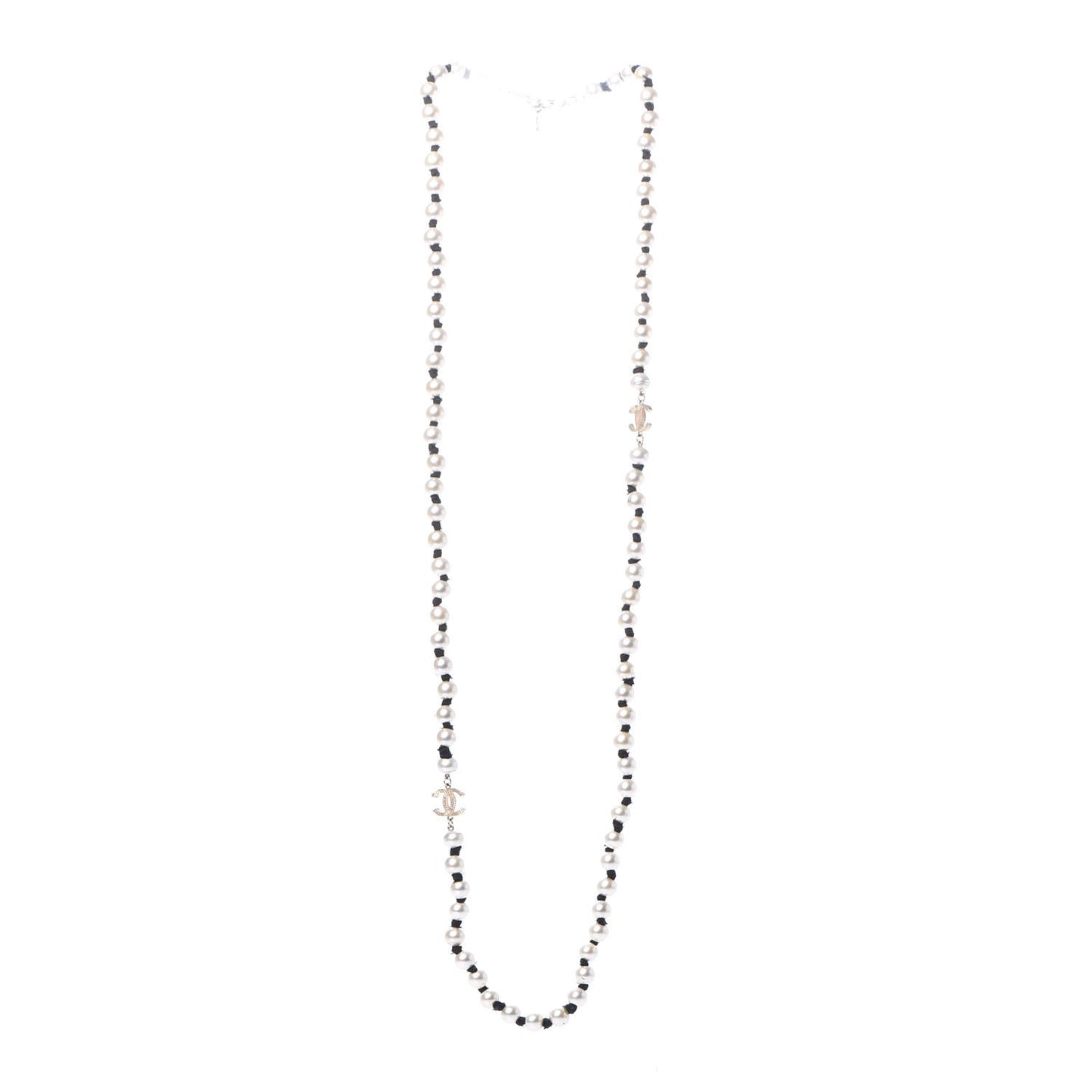 Pearl Grosgrain CC Long Necklace Gold