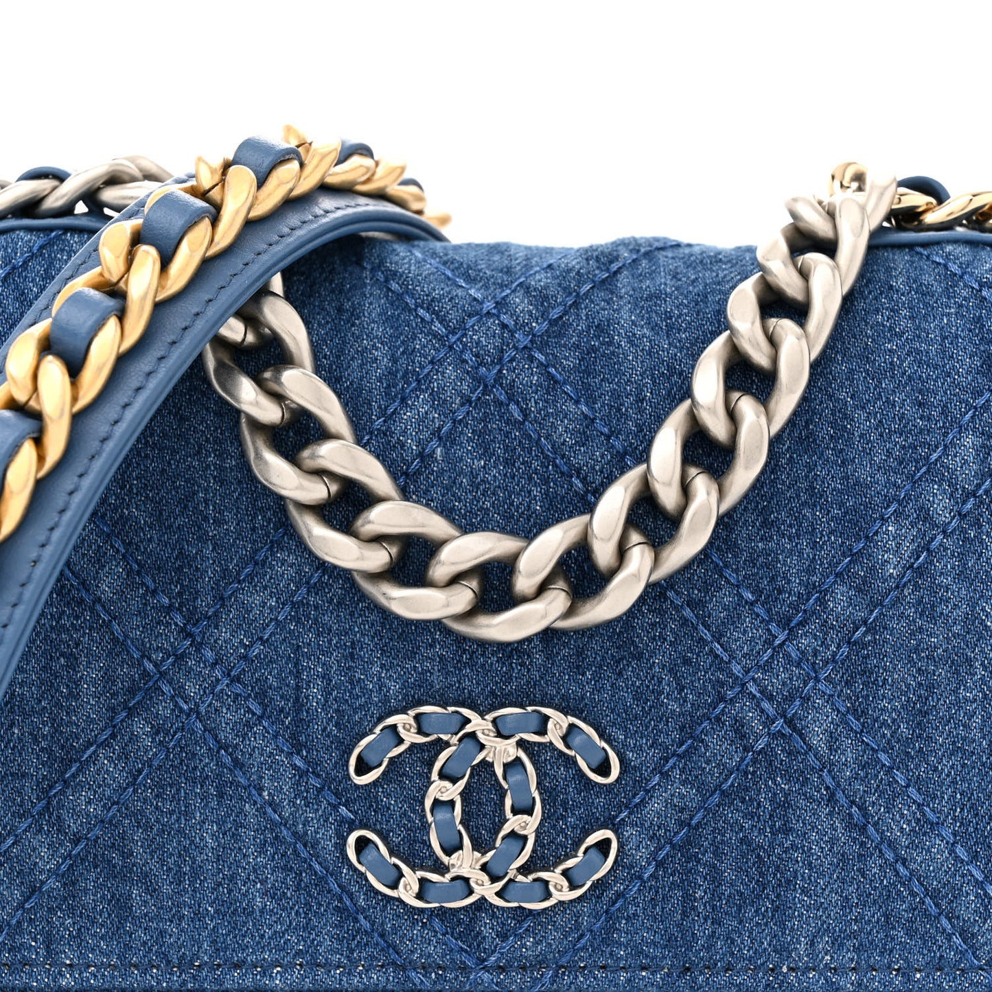Denim Quilted Chanel 19 Wallet On Chain WOC Blue