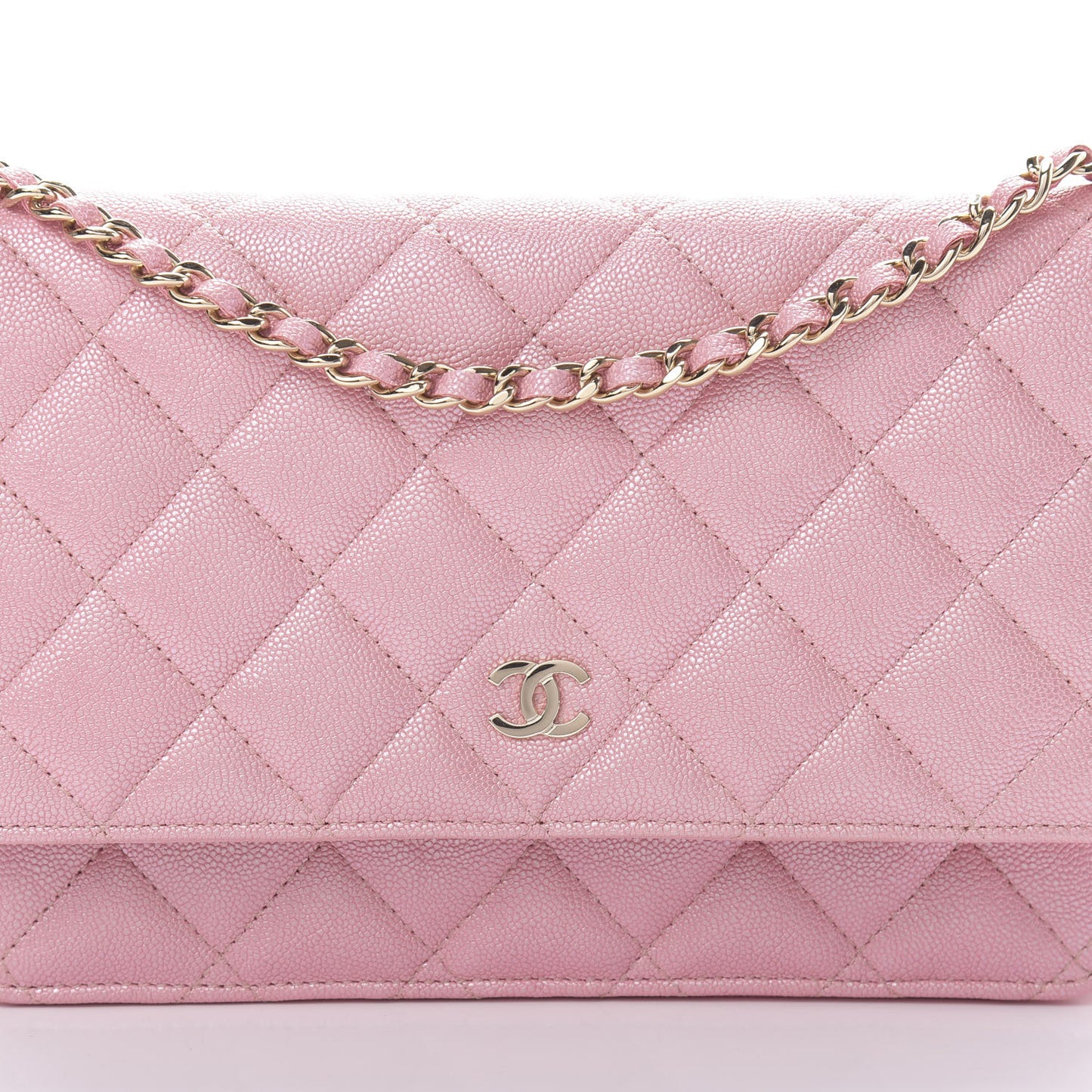 Iridescent Caviar Quilted Wallet on Chain WOC Pink