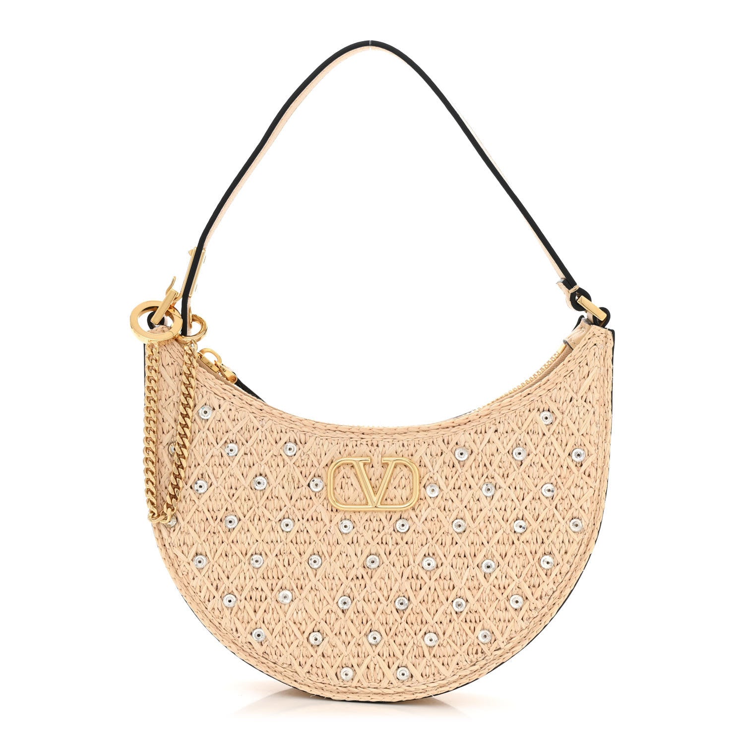 Valentino Garavani Raffia Calfskin Crystal Embellished Mini Vlogo Hobo Bag Naturale Sahara 1 of 9
