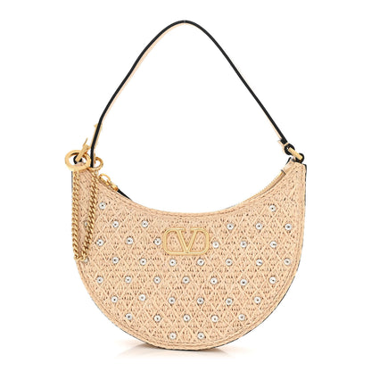 Valentino Garavani Raffia Calfskin Crystal Embellished Mini Vlogo Hobo Bag Naturale Sahara 1 of 9