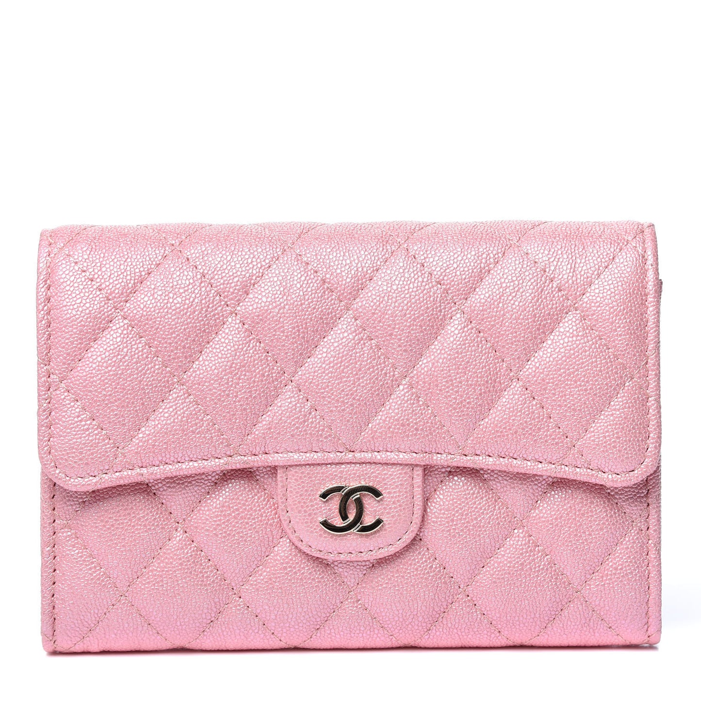 Iridescent Caviar Quilted Medium Flap Wallet Rose Pink