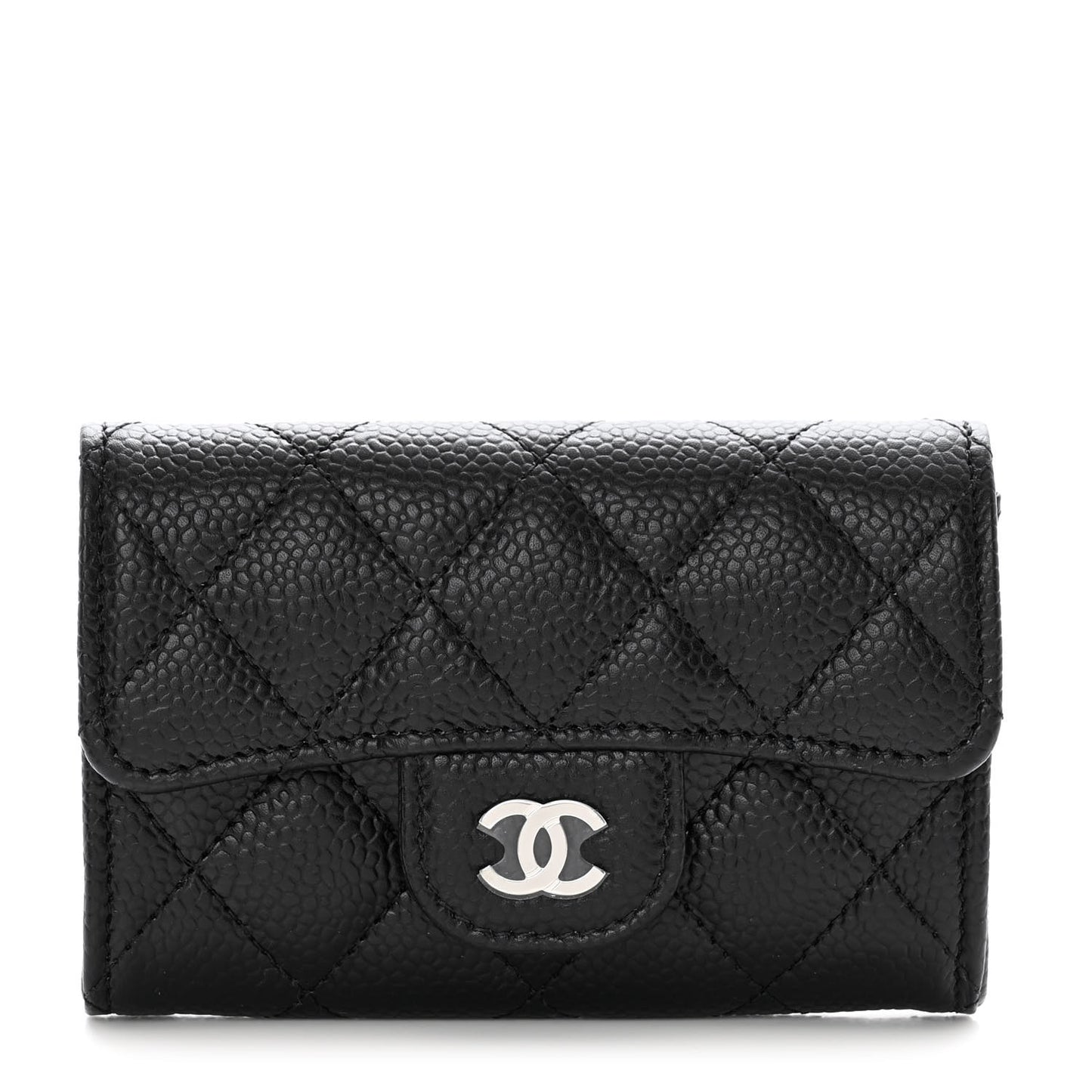 Caviar Quilted Flap Card Holder Wallet Black