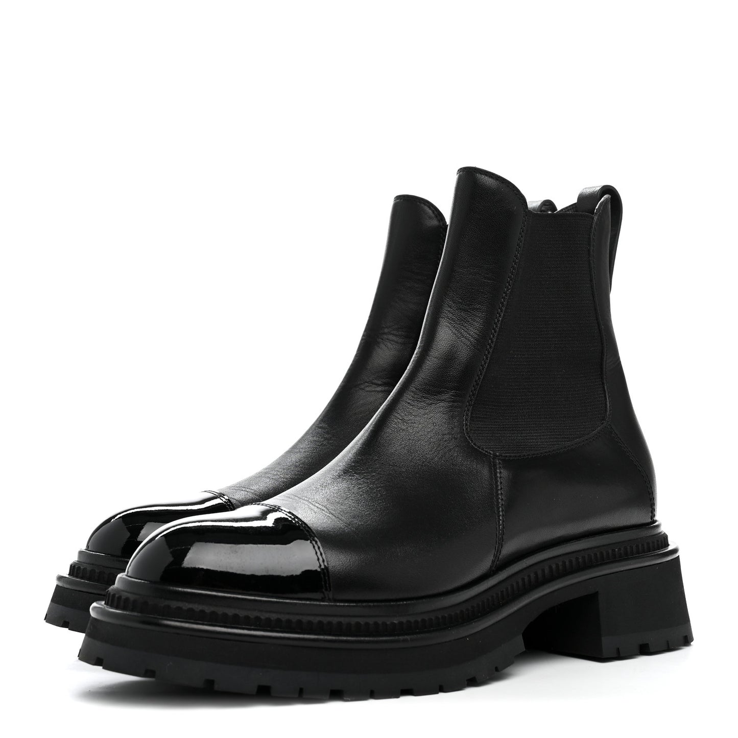 Calfskin Patent Cap Toe Ankle Boots 38.5 Black